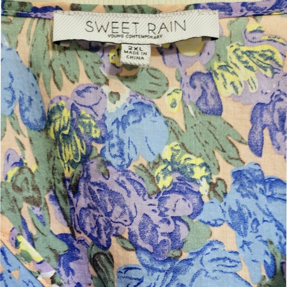 🌿Sweet Rain Women's 2XL Cotton Blue Purple Tan Puff Sleeve Floral Top - Picture 5 of 12